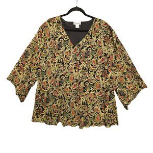 Vintage 3X Paisley V-Neck Blouse Bell Sleeves Black Gold Sequin Holiday Drop